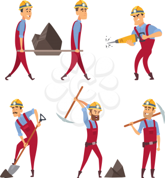 Set of working people. Miners in different action poses. Vector miner worker character illustration