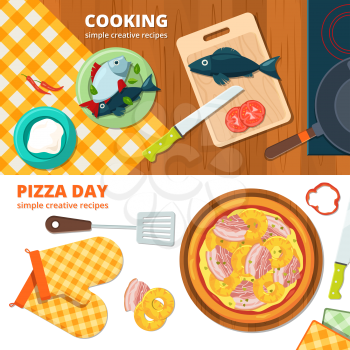 Horizontal banners with different illustrations of kitchen tools. Cooking pizza banner, delicious food on kitchen tablecloth vector
