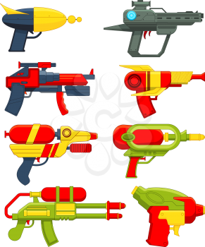 Water guns. Weapons toys for childrens. Toy weapon pistol for kids game, vector illustration