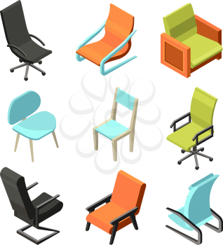 Office furniture. Different chairs and armchairs from leather. Isometric pictures office seat chair, furniture modern and comfortable. Vector illustration
