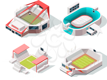 Exterior of stadium buildings hockey, soccer and tennis. Isometric pictures stadium, building sport arena, vector illustration