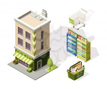 Isometric tools for supermarket. 3d illustrations of shopping basket. Supermarket store isometric, shop with food vector