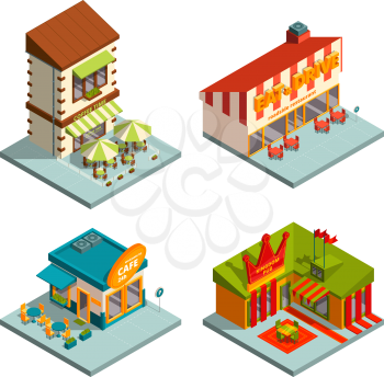 Restaurants and coffee houses. Isometric buildings restaurant, coffee shop and cafe. Vector illustration