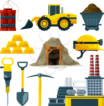 Vector tools for gold mining and minerals. Gold mine, tool and industry heavy underground illustration