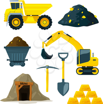 Illustrations of mining industry at different minerals, gold and diamonds. Gold industry underground, truck and mine vector