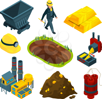 Isometric tools for mining industry. Mine industry coal and gold, equipment dynamite 3d isometric and trolley. Vector illustration