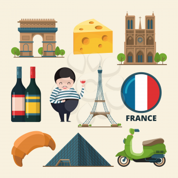 Collection set of france landmarks. Vector icon set in cartoon style. France landmark, tower eiffel, travel and tourism in paris with wine and croissant illustration