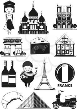 Monochrome illustrations of french landmarks. Vector pictures in cartoon style. Eiffel tower paris, monument triumphal arch