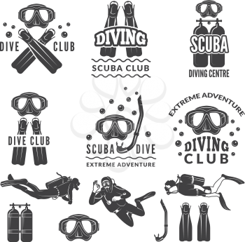 Silhouette of scuba and divers. Labels for sea sport club. Diver emblem, underwater sport vector illustration