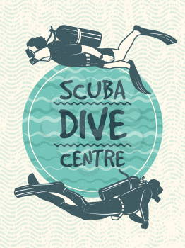 Retro poster for sport club of diving. Vector design template. Sport sea dive badge illustration