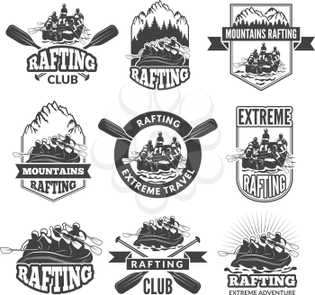 Vintage monochrome labels for dangerous water sports. Symbols of rafting. Pictures of kayak. Canoe extreme sport, rafting kayak adventure, vector illustration