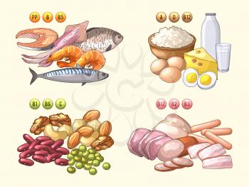 Groups of fresh products which contains different vitamins. Fish and meat, useful vitaminization nutrition, ingredient of dairy cheese and milk. Vector illustration