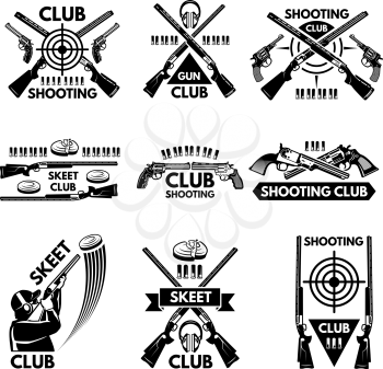 Labels set for shooting club. Illustrations of weapons, bullets, clay and guns. Emblem shooting sport club, vector badge skeet