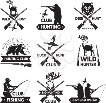 Duck, bear, deer and other animals for hunting. Monochrome labels set with place for your text. Hunting emblem club silhouette, vector illustration