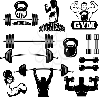 Badges and labels for gym and fitness club. Sport symbols in monochrome style. Sport gym club emblem and logo, badge and label with barbell for bodybuilding. Vector illustration