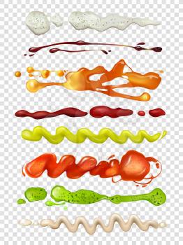Realistic illustrations of diffrent sauces for food. Wasabi, mayonnaise and ketchup. Sauce ketchup and wasabi, mayonnaise and tomato ingredient vector