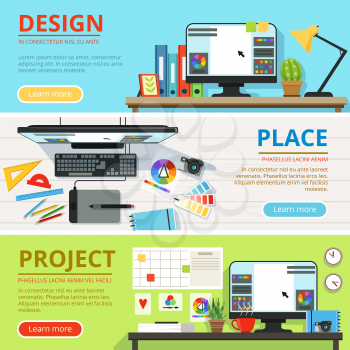 Workspace for computer designers and graphic artists . Horizontal banners with place for your text. Collection of place for design and work with project illustration