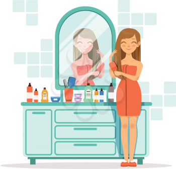 Happy woman combing hair a front of mirror. Girl with comb in bathroom, vector morning combing illustration