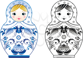 Vector pictures of russian matryoshka painted at gzhel style. Colored and linear illustrations. Russian souvenir matryoshka doll, traditional toy in blue gzhel style art