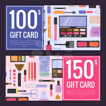 Vector gift card vouchers for beauty products with flat style makeup and skincare isolated on dark background illustration