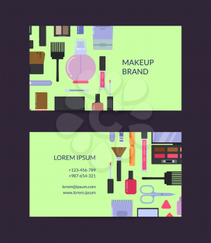 Vector business card template for beauty brand or makeup artist with flat style makeup and skincare background illustration