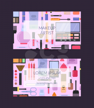 Vector business card template for beauty brand or makeup artist with flat style makeup and skincare. Card artist identity for beauty salon illustration