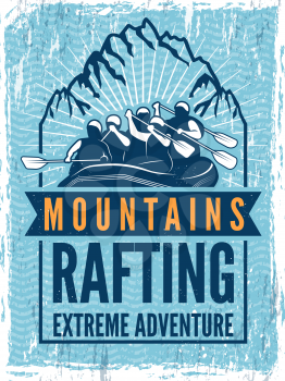 Poster for extreme sport club. Monochrome illustration of rafting. Canoe or kayak on sea. Extreme mountain water sport, rafting and kayaking vector