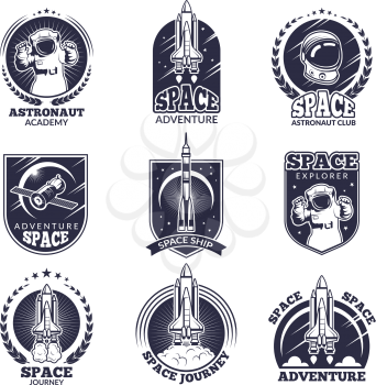 Monochrome labels for astronauts. Vector badges templates with place for your text. Astronaut exploration, spaceship and cosmonaut illustration