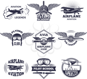 Labels at aircrafts theme. Vector monochrome illustrations of airplanes. Airplane and aircraft emblem vintage