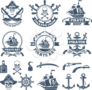 Vintage nautical and pirates labels. Monochrome logos of sea and sailing. Pirate label with skull and anchor, rum and weapon, vector illustration