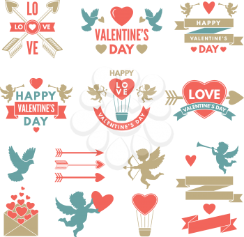 Different symbols and labels for day of st valentine. Love heart to valentine day, vector illustration