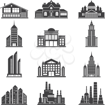 Monochrome silhouettes of different modern buildings and others municipal architecture objects. Architecture building monochrome, silhouette home construction. Vector illustration