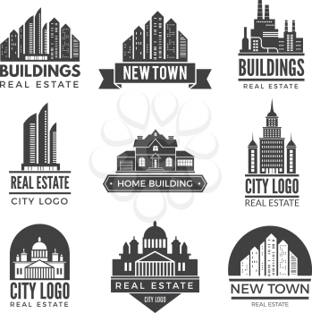 Labels or logos with pictures of different modern buildings. Architecture monochrome silhouette emblem for real estate. Vector illustration