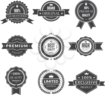 Vintage template of monochrome premium labels for guarantee bestseller and others. Vector stickers quality premium banner, best offer and warranty illustration