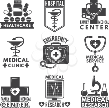 Pharmacy, chemistry or medicine labels set. Vector monochrome logos template. Medical emblem hospital, logo and label ambulance illustration