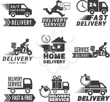 Monochrome labels and icons for delivery service. Vector delivery label fast and free illustration