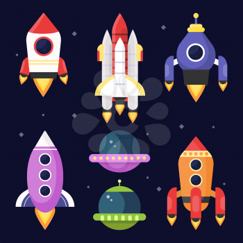 Illustrations of space with shuttles. Vector pictures rocket and shuttle spaceship, travel in galaxy
