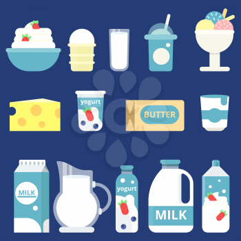 Illustrations of milk products. Cream, yogurt and cheese. Bottle milk and yogurt, cheese food and dairy cream vector