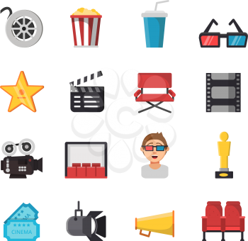 Icon set of tv show and cinema symbols. Vector pictures of tickets, popcorn, camera and others illustrations. Movie cinema and ticket to entertainment