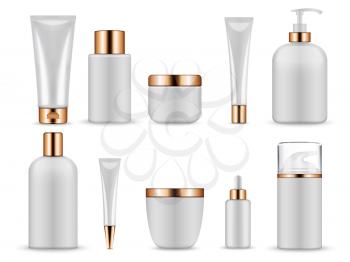 Plastic white blank bottles and tubes for cosmetics. Bottle and tube container cosmetic, cream beauty gel. Vector illustration