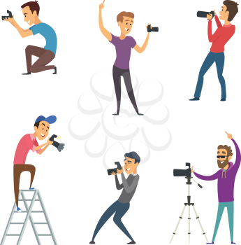 Photographers make photos. Set of funny characters isolate on white. Photographer character with camera, man photography professional. Vector illustration
