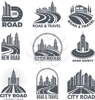 Logo designs with illustrations of roads and buildings. Vector road and travel, modern highway logo