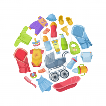 Vector illustration with baby clothing and equipment in form of circle cartoon colored