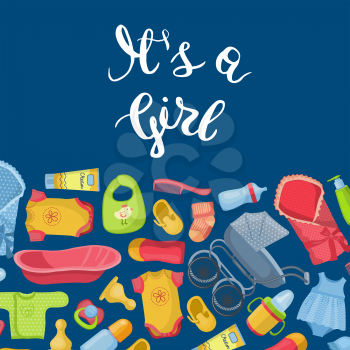 Vector it is girl illustration with lettering and baby accessories banner poster cartoon style