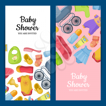 Vertical banners or flyers with baby accessories and clothing. Vector illustration