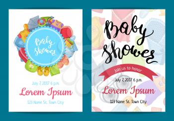 Vector baby shower invitation card templates with baby accessories and lettering illustration