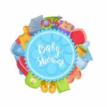 Vector baby shower illustration with baby accessories in round shape and lettering