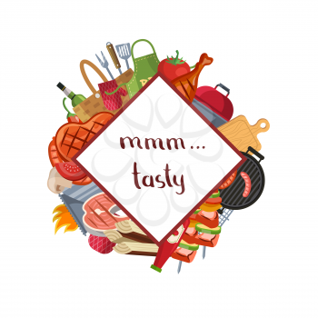 Vector illustration barbecue or grill elements around square with place for text and lettering