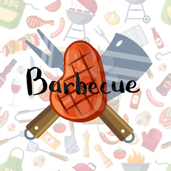 Vector illustration with fried meat, knive and fork with lettering on barbecue or grill elements background