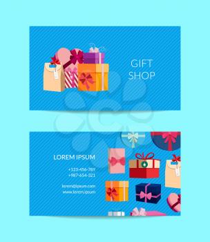 Vector gift service, shop business card template with gift boxes or packages. Illustration of gift service shop card with colored gifts box for birthday